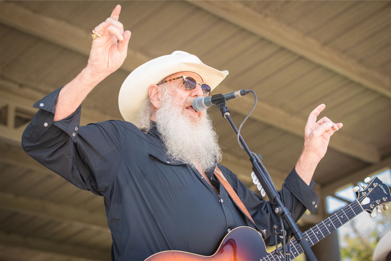 Bearded frontman with guitar mid-performance at an outdoor stage
