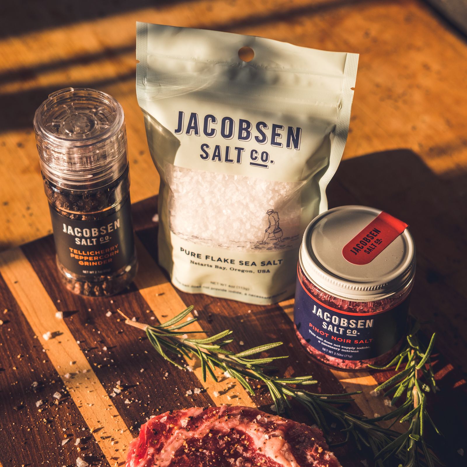 Jacobsen Salt Co. product photography styled on a butcher block