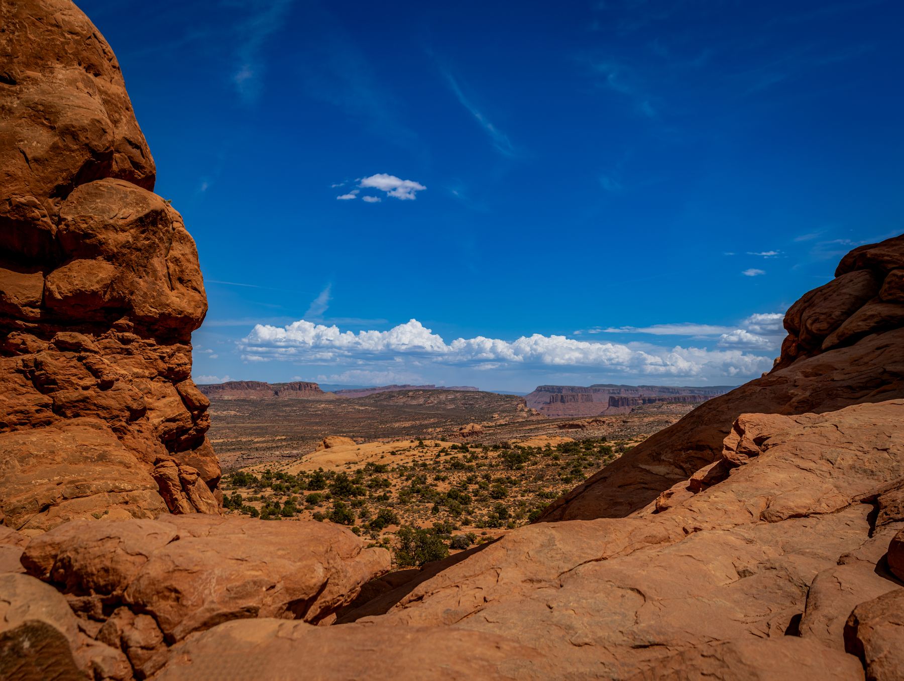 Red rock formations under a deep blue sky at Arches National Park