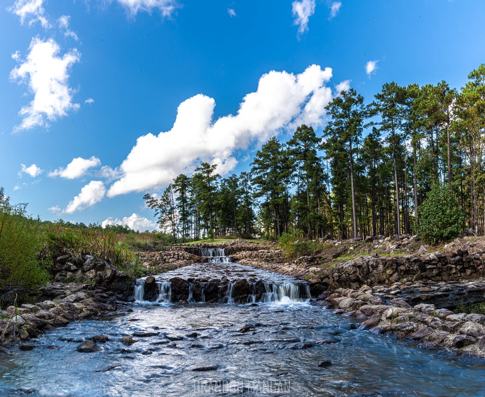 A rocky creek cascading through East Texas pines