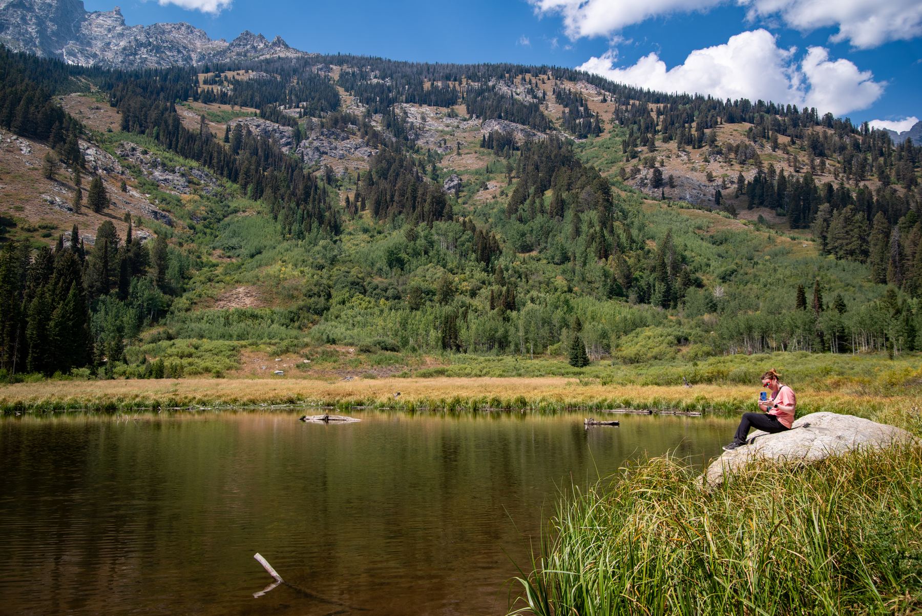 An alpine lake below the peaks at Grand Teton National Park